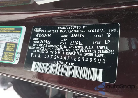 2014 Kia Optima Lx z USA, uszkodzony, nr VIN 5XXGM4A74EG349593